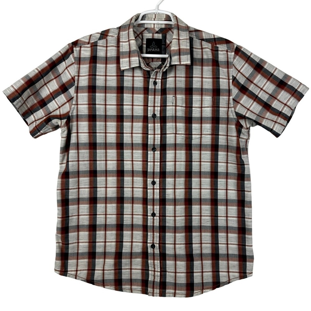 Prana Men Large Plaid Short Sleeve Button Up Shirt Born From Experience Casual